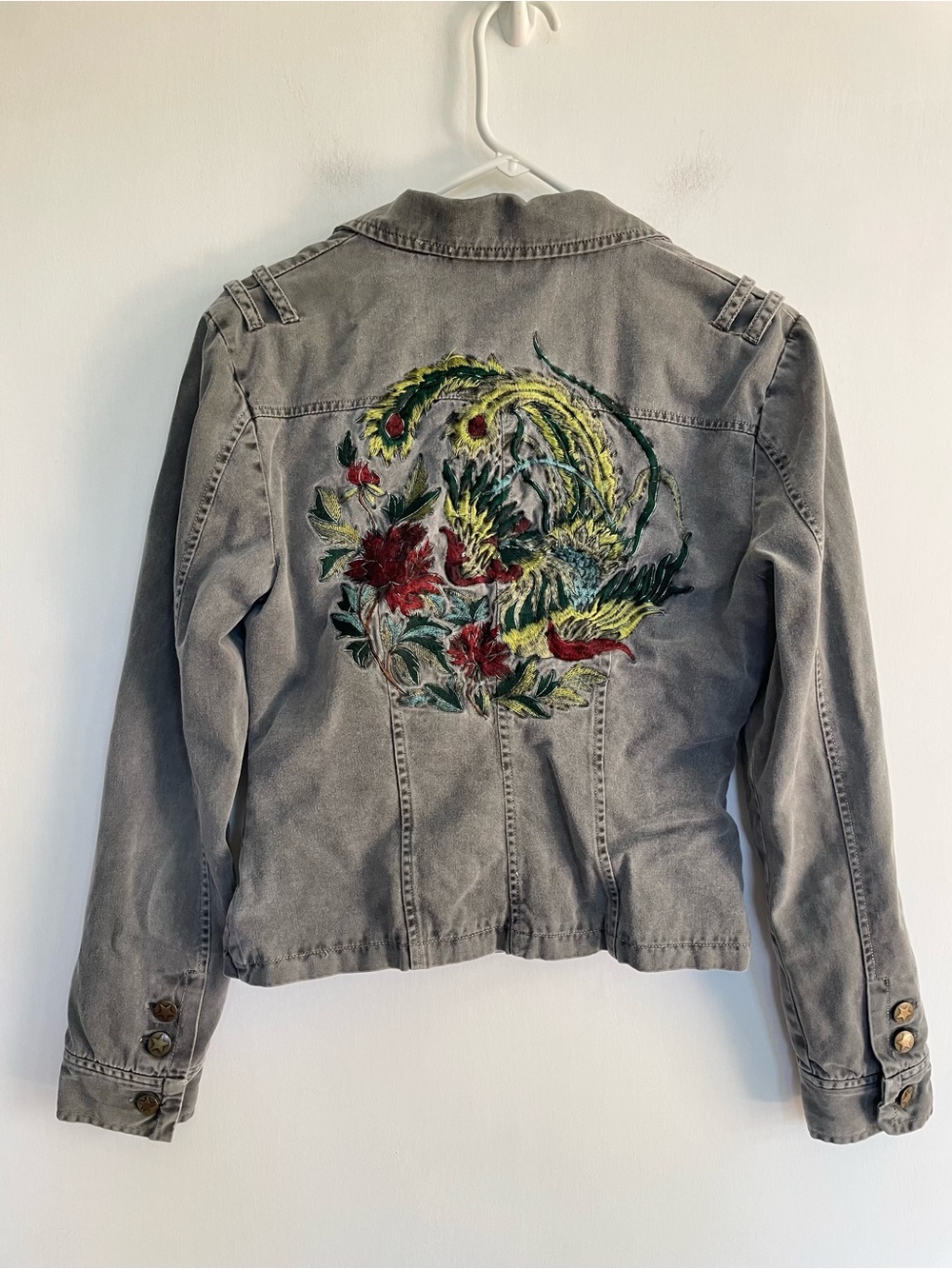 Vintage Embroidered Military Style Jacket Womens Gray Denim Floral Size 8